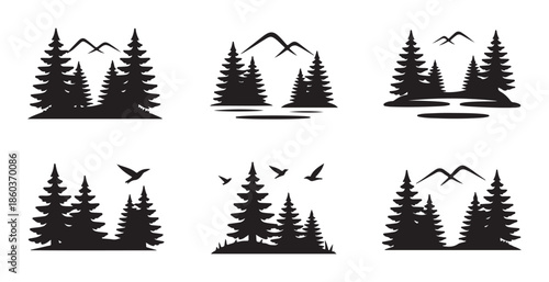 Six black silhouettes of dense pine tree forests set against stylized mountain backdrops for nature scenes