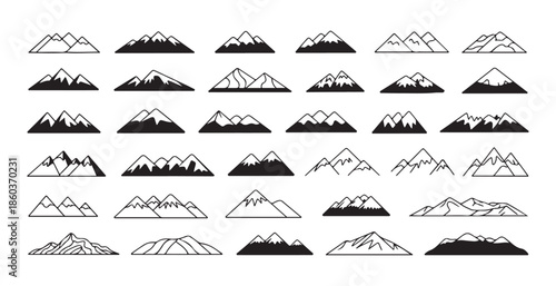 Set of  mountain vector icons a collection of various mountain range and peak symbols