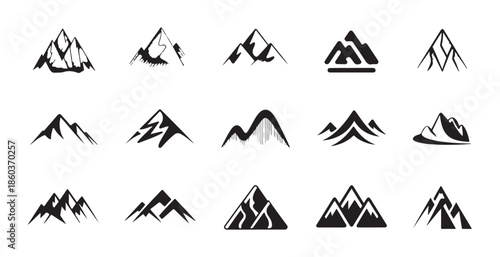 Set of diverse mountain vector icons a collection of various mountain range and peak symbols
