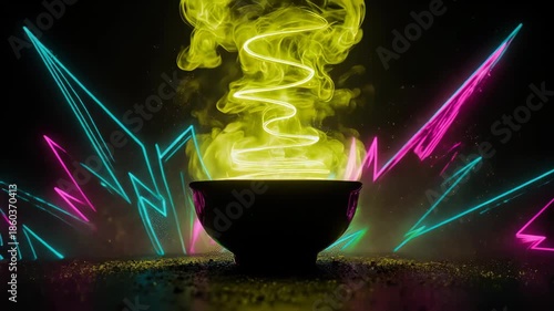 Neon vapor rising from a bowl, framed by geometric lines