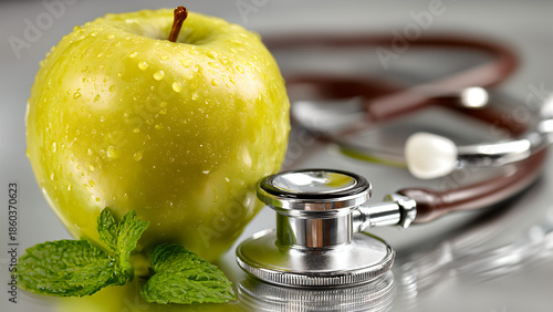 Health Medical Concept Image, Fresh Green Apple with Stethoscope, Mint Leaves, Healthy Diet Nutrition Theme Background.