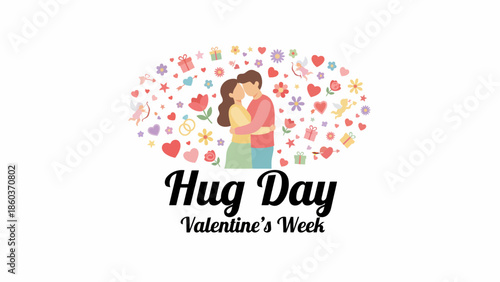 Sweet vector artwork depicting a joyful couple hugging, adorned with delightful Valentine's Day symbols, celebrating love and connection during the special week of affection