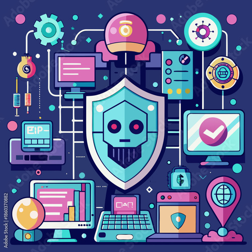 Vibrant cybersecurity concept with shield and computer icons