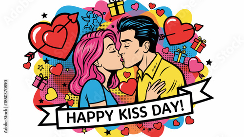 Vibrant pop art illustration of a young couple's passionate kiss, surrounded by hearts, stars, and gifts, embodying romantic affection and joyful celebration