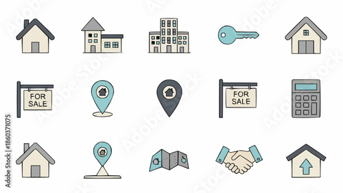 Real Estate Icon Set - Houses, Key, Map, and Handshake.