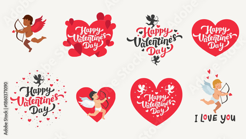 Festive Valentine's Day vector illustration set. Features adorable cupids, romantic hearts, and diverse typography. Ideal for love greetings and celebrations