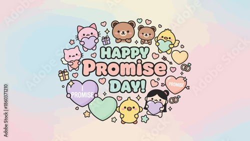 Happy Promise Day greeting featuring adorable cartoon animals and a charming girl exchanging hearts and gifts on a whimsical pastel background