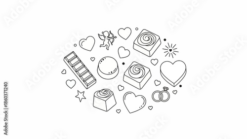 Elegant Line Art Collection of Valentine's Day Chocolates, Romantic Hearts, and Rings Symbolizing Love and Sweet Moments