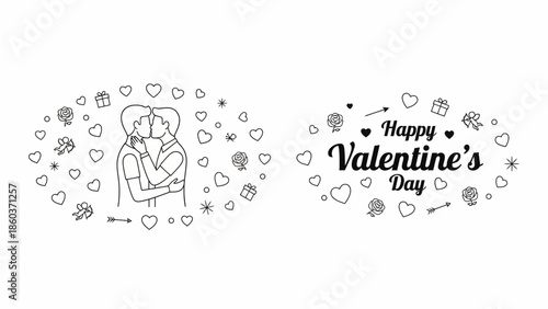Happy Valentine's Day illustration with kissing couple and romantic symbols