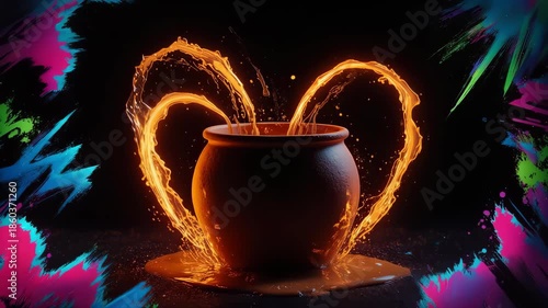 A pot spills liquid in a heart shape, surrounded by colorful splatters