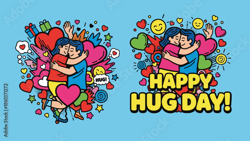 Happy Hug Day illustration celebrating love and connection with joyful people embracing and surrounded by vibrant heart symbols and playful elements