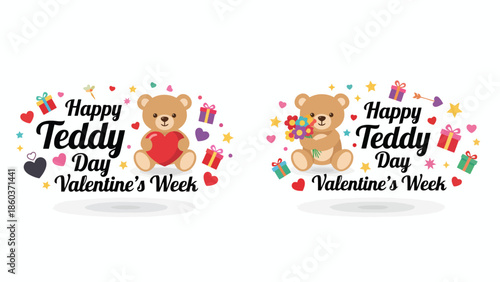 Adorable teddy bear holding a red heart, surrounded by festive gifts and confetti, celebrating Happy Teddy Day during Valentine's Week with sweet romance and joy