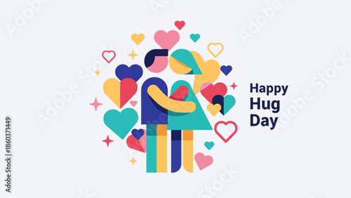 Stylized vector graphic depicting an affectionate couple hugging amidst a dynamic array of vibrant hearts, symbolizing warmth, connection, and emotional closeness