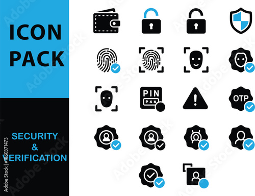 A collection of security and verification icons, including fingerprint, face scan, PIN, OTP, and badge icons.