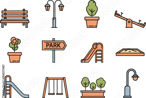 A collection of colorful flat design icons representing park and playground elements like benches, lamps, slides, swings, and potted plants.