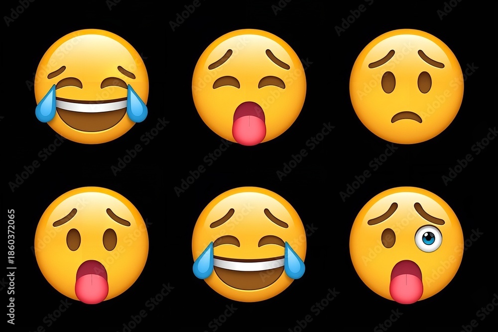 Obraz premium A collection of laughing and playful emojis on a black background