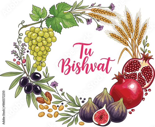 Tu BiShvat vector wreath illustration featuring the seven species including pomegranates grapes wheat figs and olives with script.