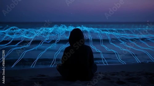 Silhouette of a person meditating on a beach, against an abstract, blue nightscape