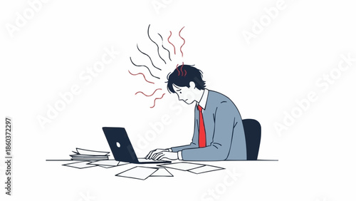 Stressed Businessman Working on Laptop with Overwhelmed Expression.