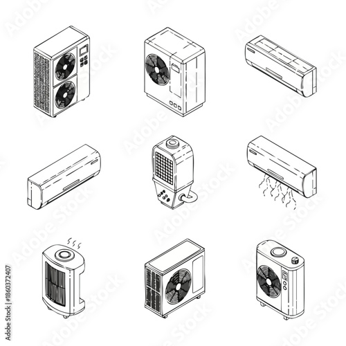 A collection of isometric line art illustrations of various air conditioning units and heaters