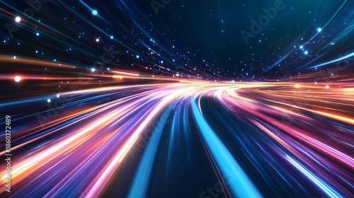 A futuristic digital highway illuminated with vibrant streaks of light and stars in a dark cosmic background.