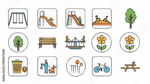 Collection of playground and park icons in a grid layout.