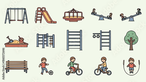 Collection of playground equipment and children playing outdoor activities.