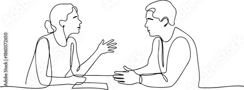 Continuous Line Drawing of Two People Talking, Minimalist Conversation Illustration in Line Art Style, Simple Sketch of a Man and Woman Engaged in Dialogue