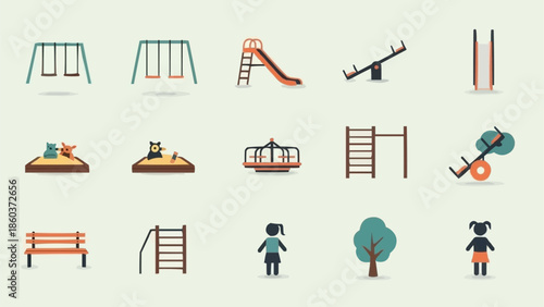 Collection of playground equipment and children icons.