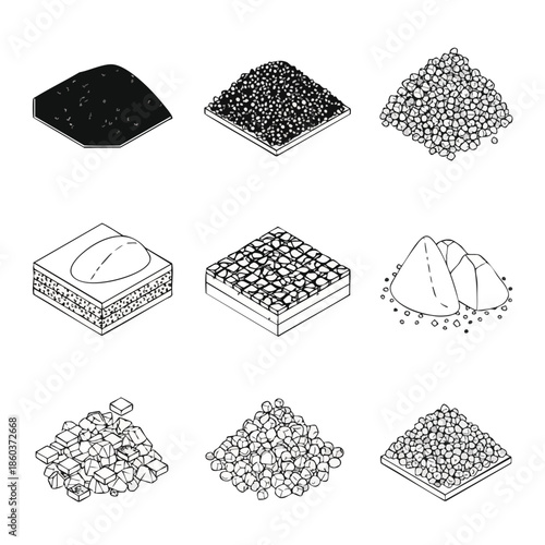 Collection of isometric illustrations of various edible ingredients and sweets.