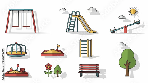 Collection of playground equipment and elements for outdoor fun.