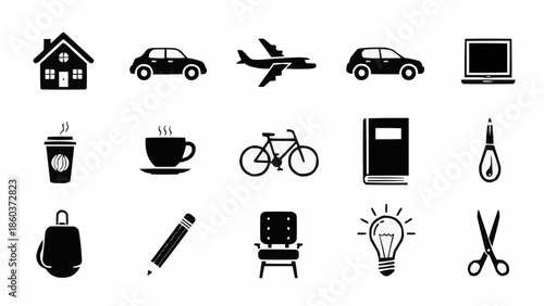 Collection of Simple Black Icons Representing Various Objects and Concepts.