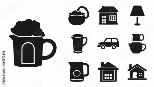 Collection of Simple Black Silhouettes of Household Objects and Buildings.