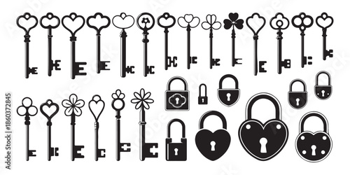 Vintage ornamental keys and padlocks collection with heart shapes and antique decorative bow