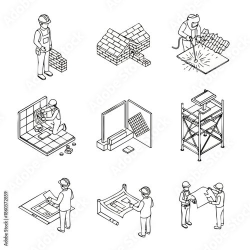 Construction and Industry Isometric Icons: Builders, Welders, and Architects.
