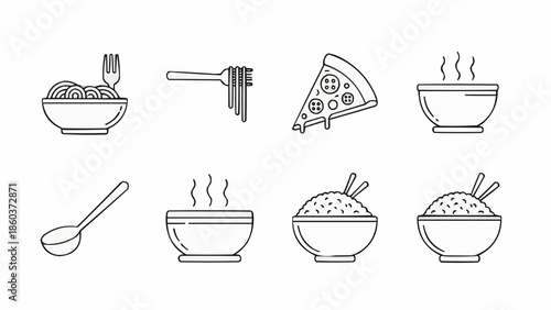 Collection of Simple Food Icons Including Pasta Pizza and Rice Bowls.