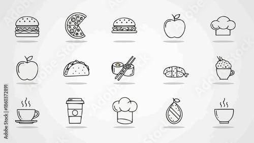 Collection of simple line art food and drink icons.