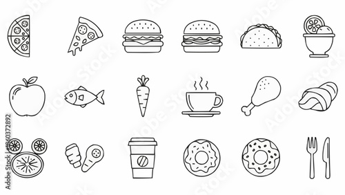 Collection of simple line art food icons for design.