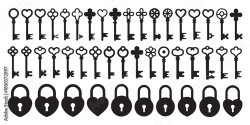Large collection of skeleton keys and heart shaped locks for vintage wedding or mystery theme