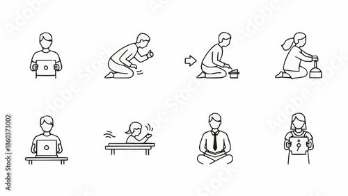 Collection of simple line drawings depicting people in various activities.