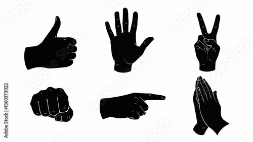 Collection of six black hand gesture silhouettes on white background.