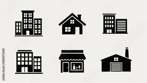 Collection of six different building icons in black silhouette.
