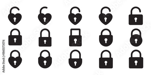 Set of opened and closed heart shaped padlocks icons. love lock symbol vector illustration design