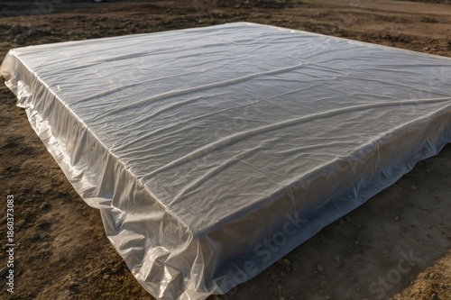 New concrete slab undergoing curing process covered with clear plastic sheeting protecting it during construction phase on bare earth