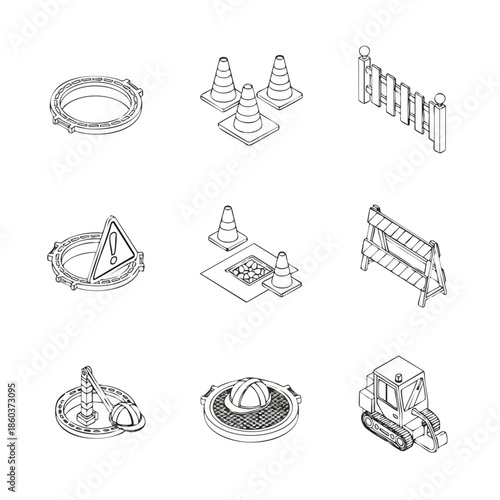 Construction Site Elements Collection: Safety Cones, Manhole Covers, Barriers, and Equipment.