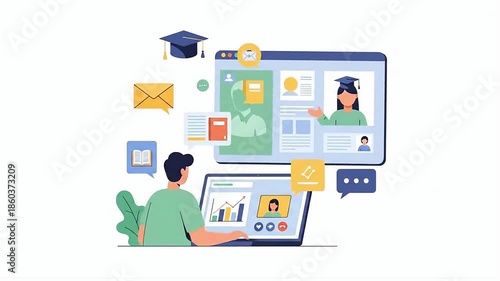 Online education concept, student learning remotely via laptop with virtual classes and graduation cap illustration