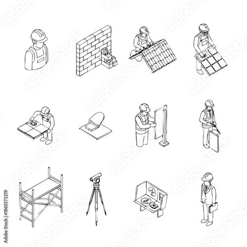 Construction Workers and Building Process Isometric Icons.