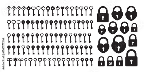 Collection of vintage keys and modern locks vector icons