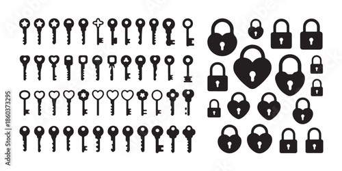 Assortment of keys and heart shaped padlocks vector graphic