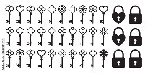 Extensive collection of vintage skeleton keys with decorative heads and heart and square shaped padlocks set